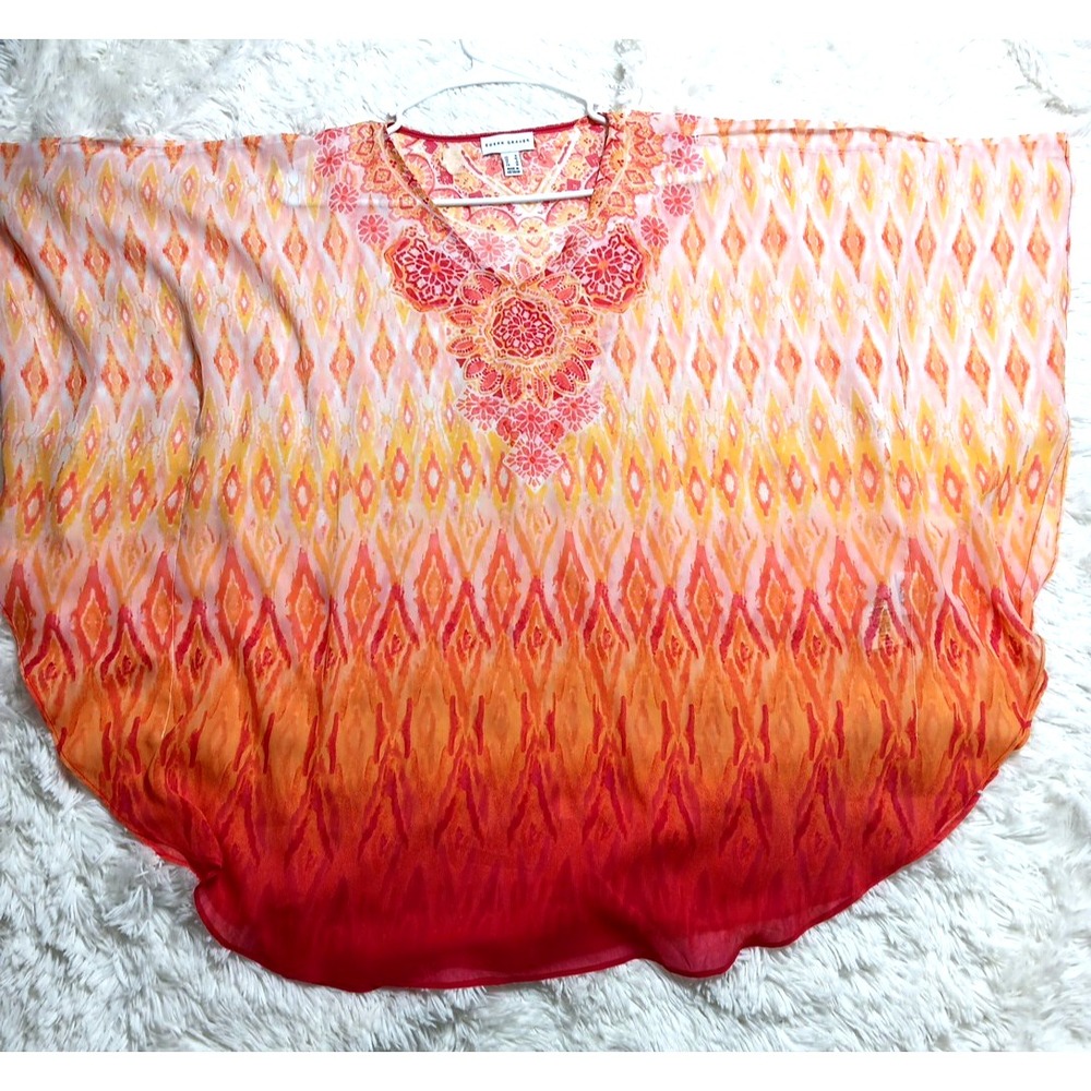 Susan Graver Small TOP Sheer Chiffon Blouse Slit Shoulder Medallion Vintage
